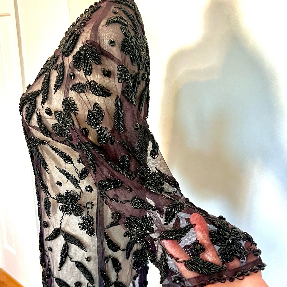 VTG Heavy Beaded Mesh Overlay Dress Black Floral Couture Evening Wear Art Size S - Picture 4 of 11
